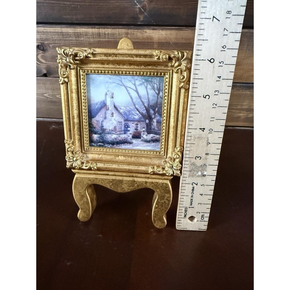 VTG Thomas Kinkade "Morning Glory Cottage" Gold Miniature Picture on Easel Stand
